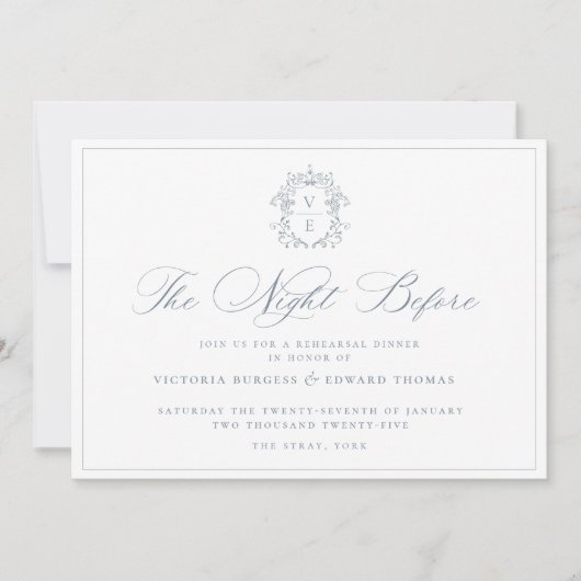 Dusty Blue Monogram Crest The Night Before Invite Save The Date (Voorkant)