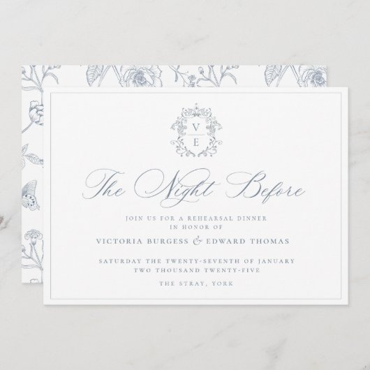Dusty Blue Monogram Crest The Night Before Invite Save The Date (Voorkant / Achterkant)