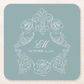 Dusty Blue Monogram Crest Weddenschap Logo Kartonnen Onderzetters (Voorkant)