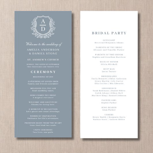 Dusty Blue Monogram Crest Wedding Program