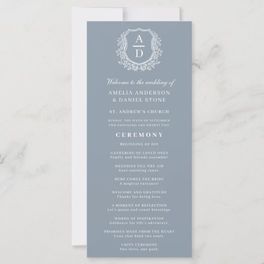 Dusty Blue Monogram Crest Wedding Program (Voorkant)