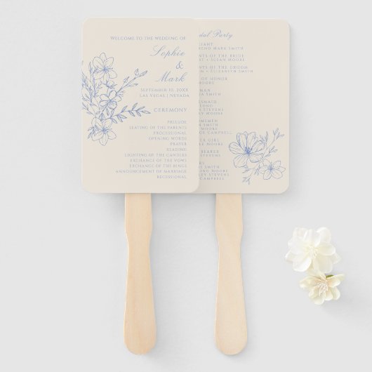 Dusty Blue Monogram Crest Wedding Program Hand Fan Handwaaier (Voorkant en achterkant)