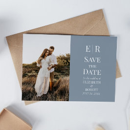 Dusty Blue Monogram Custom Photo Save the Date Kaart
