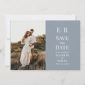 Dusty Blue Monogram Custom Photo Save the Date Kaart (Voorkant)