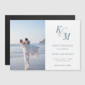 Dusty Blue Monogram Elegant Classic Save the Date Magnetische Uitnodiging (Voorkant / Achterkant)