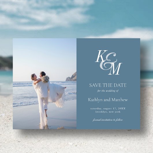 Dusty Blue Monogram Elegant Classic Save the Date Magnetische Uitnodiging