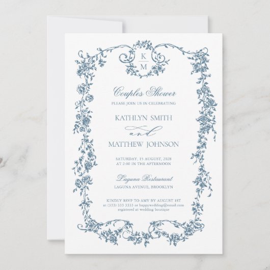 Dusty Blue Monogram  Elegant Couples Shower Kaart (Voorkant)