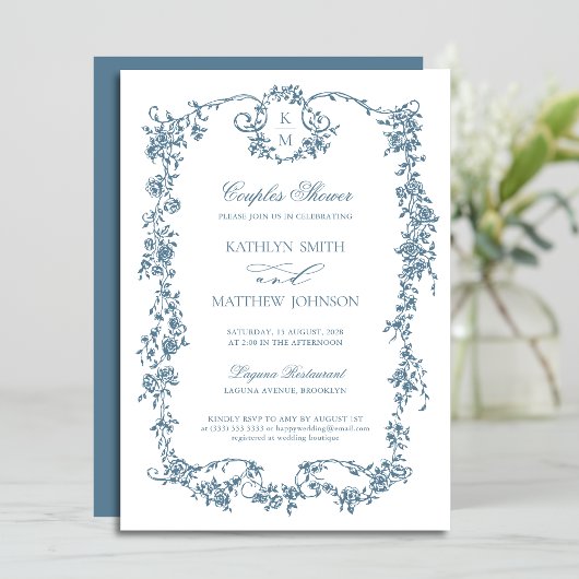 Dusty Blue Monogram  Elegant Couples Shower Kaart