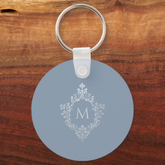 Dusty Blue Monogram Elegant  Crest Initiaal Sleutelhanger (Voorkant)