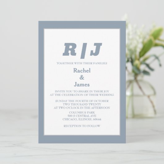 Dusty Blue Monogram Elegant Minimal Style Wedding Kaart (Staand voorkant)