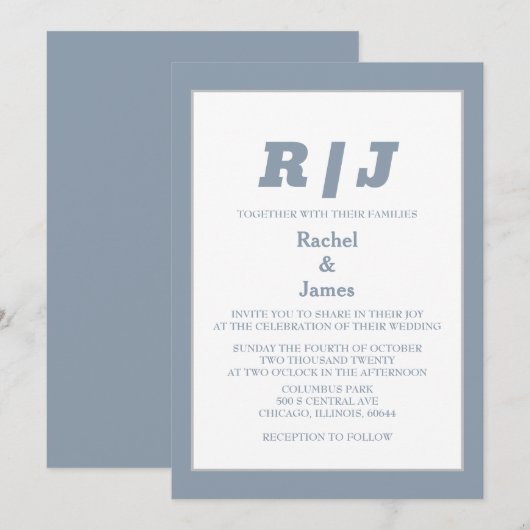 Dusty Blue Monogram Elegant Minimal Style Wedding Kaart (Voorkant / Achterkant)