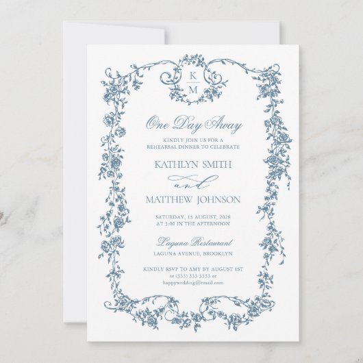 Dusty Blue Monogram  Elegant op een dag afstand Kaart (Voorkant)