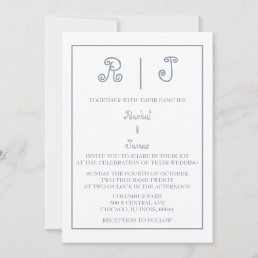 Dusty Blue Monogram Elegant Script Minimal Wedding Kaart (Voorkant)