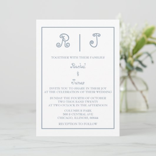 Dusty Blue Monogram Elegant Script Minimal Wedding Kaart (Staand voorkant)