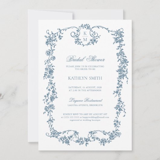 Dusty Blue Monogram  Elegant Vrijgezellenfeest Kaart (Voorkant)