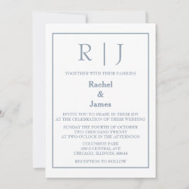 Dusty Blue Monogram Elegante Classy Minimal Weddin Kaart