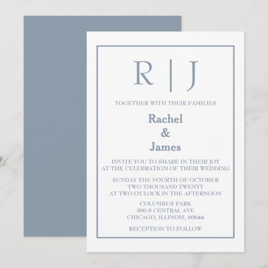 Dusty Blue Monogram Elegante Classy Minimal Weddin Kaart (Voorkant / Achterkant)