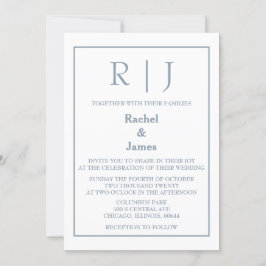 Dusty Blue Monogram Elegante Classy Minimal Weddin Kaart