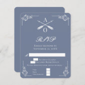 Dusty Blue Monogram en Pijlen Bruiloft RSVP Kaart (Voorkant / Achterkant)