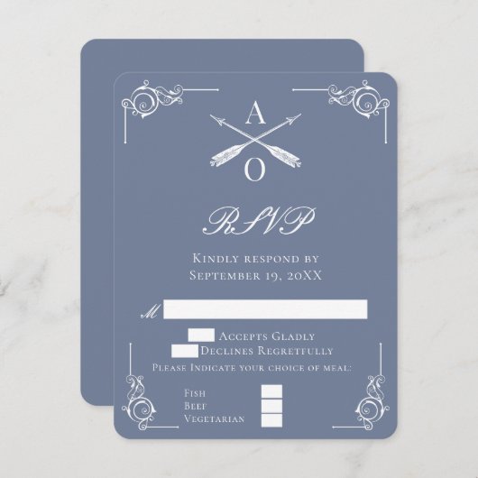 Dusty Blue Monogram en Pijlen Bruiloft RSVP Kaart (Voorkant / Achterkant)