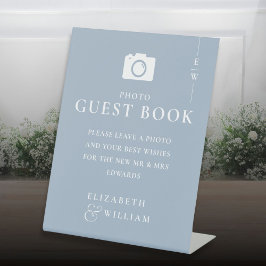 Dusty Blue Monogram Foto Gastboek Trouwen Reclamebord Met Voetstuk