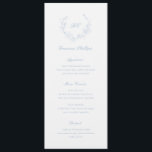Dusty Blue Monogram Gastnaam Elegant Wedding Menu<br><div class="desc">Elegant huwelijksmenu met een schoon en tijdloos ontwerp met uw monogram in een kranskam. Gebruik de sjabloon om elke gastennaam toe te voegen en de plaatskaarten over te slaan.</div>