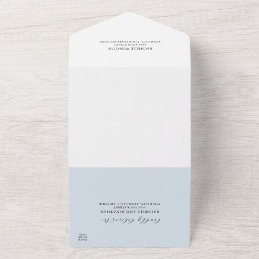 Dusty Blue Monogram in één huwelijk All In One Uitnodiging (Buitenkant)