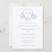 Dusty Blue Monogram Initiaal Crest Floral Wedding Kaart (Voorkant)