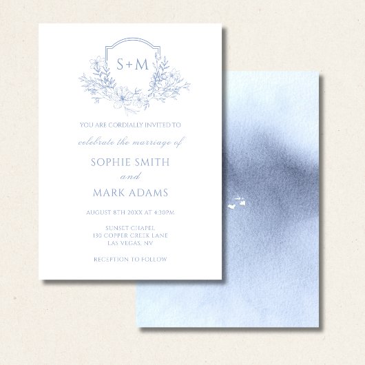 Dusty Blue Monogram Initiaal Crest Floral Wedding Kaart