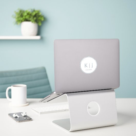 Dusty Blue Monogram Initial Minimal Trendy Wedding Sticker (Laptop op bureau)