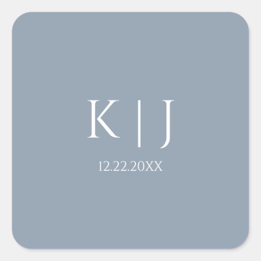 Dusty Blue Monogram Initial Minimal Trendy Wedding Vierkante Sticker (Voorkant)