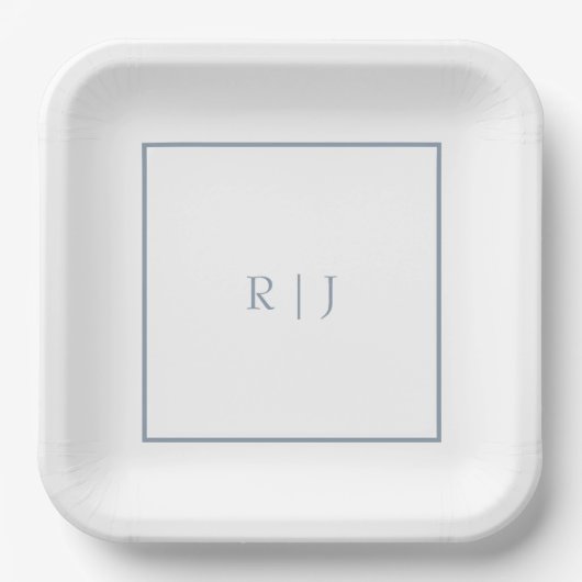Dusty Blue Monogram Initialen Eenvoudige bruiloft Papieren Bordje (Voorkant)