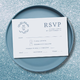 Dusty Blue Monogram Krans Trouwen RSVP Kaartje