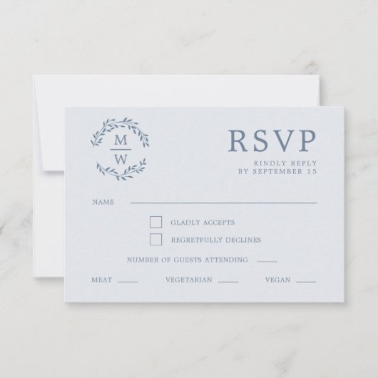 Dusty Blue Monogram Krans Trouwen RSVP Kaartje (Voorkant)