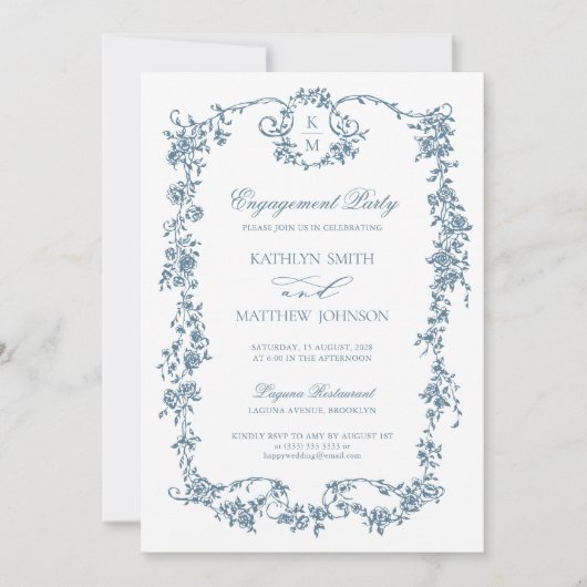 Dusty Blue Monogram  Lijst Verlovingsfeest Kaart (Voorkant)