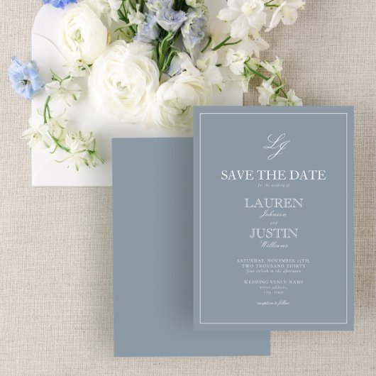 Dusty Blue Monogram Modern Script Save the Date Kaart