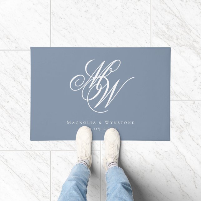 Dusty Blue Monogram Passen getrouwd Deurmat (Binnen)