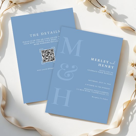 Dusty Blue Monogram QR Code All In One Wedding Kaart
