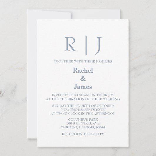 Dusty Blue Monogram QR Code Classy Minimal Wedding Kaart (Voorkant)
