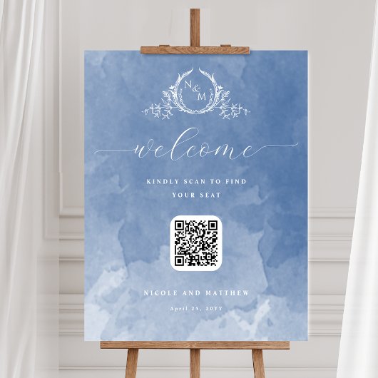 Dusty Blue Monogram QR Code Seating Plan Sign Poster