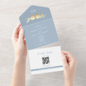 Dusty Blue Monogram QR Wedding All In One Uitnodiging (Afscheurbaar)
