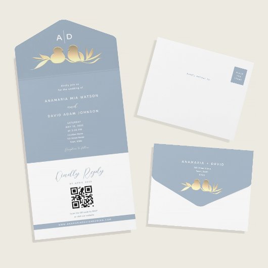 Dusty Blue Monogram QR Wedding All In One Uitnodiging