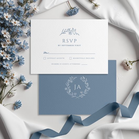Dusty Blue-monogram RSVP Kaartje