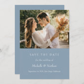 Dusty Blue Monogram Save the Date Photo Kaart (Voorkant / Achterkant)