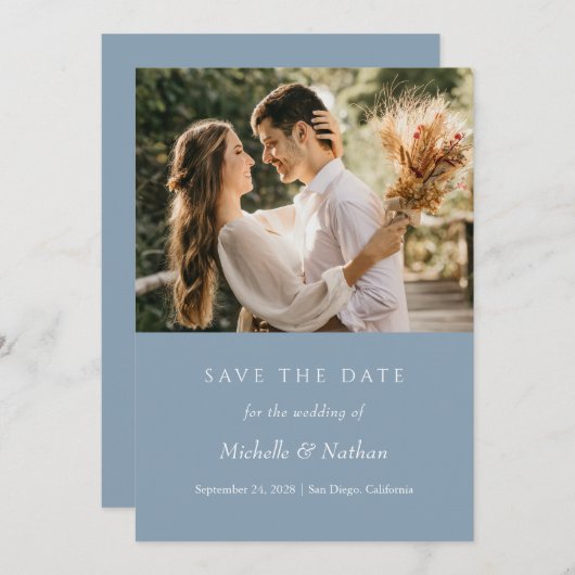 Dusty Blue Monogram Save the Date Photo Kaart (Voorkant / Achterkant)