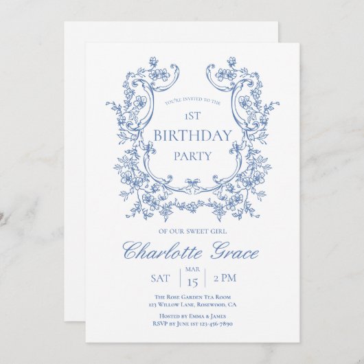 Dusty Blue  Monogram Verjaardagsuitnodiging Bedankkaart (Voorkant / Achterkant)