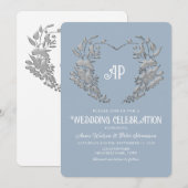 Dusty Blue Monogram Vintage bruiloft uitnodiging (Voorkant / Achterkant)