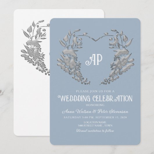 Dusty Blue Monogram Vintage bruiloft uitnodiging (Voorkant / Achterkant)