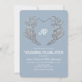 Dusty Blue Monogram Vintage bruiloft uitnodiging (Voorkant)
