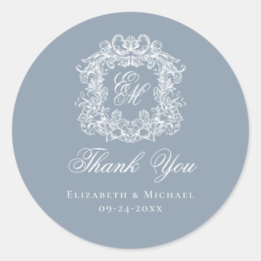 Dusty Blue Monogram Wedding Crest Thank You Ronde Sticker (Voorkant)
